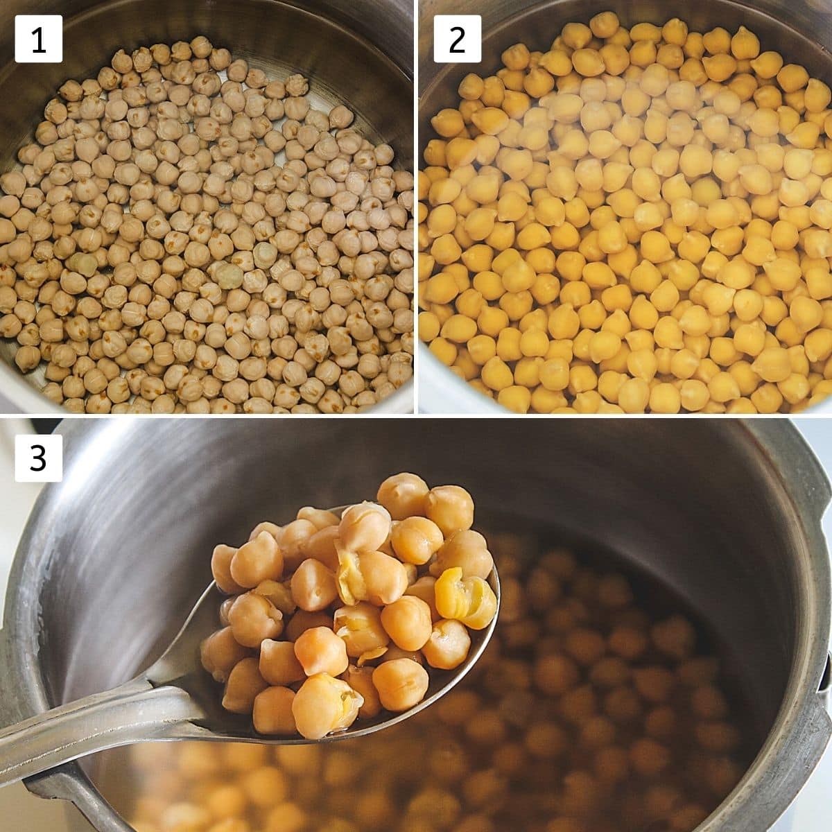 Collage of 3 steps showing washed chana in water, soaked chickpeas, boiled chickpeas.