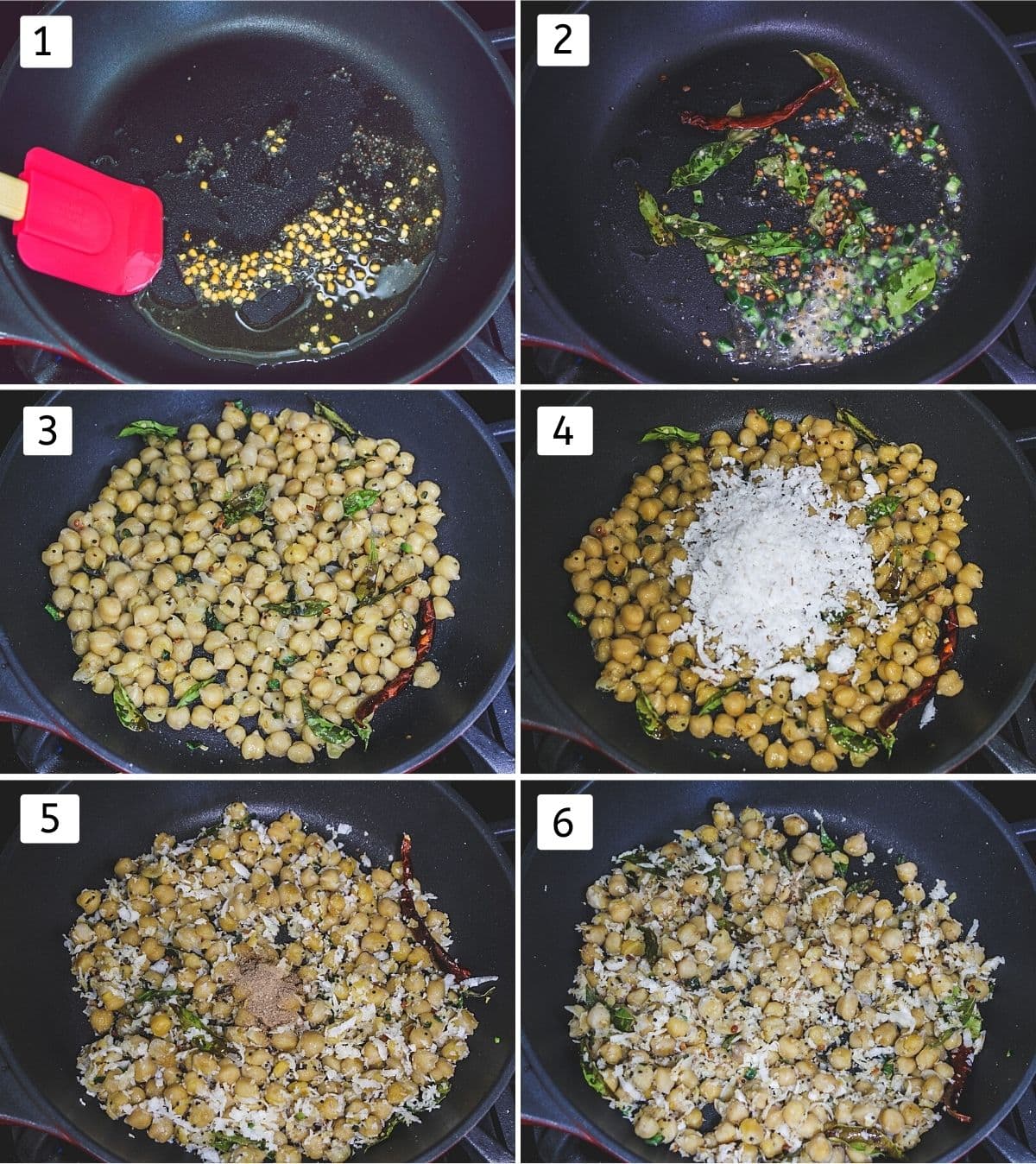 Collage of 6 steps showing tempering, adding chilies, curry leaves. adding chickpeas, coconut. mixed. adding amchur.