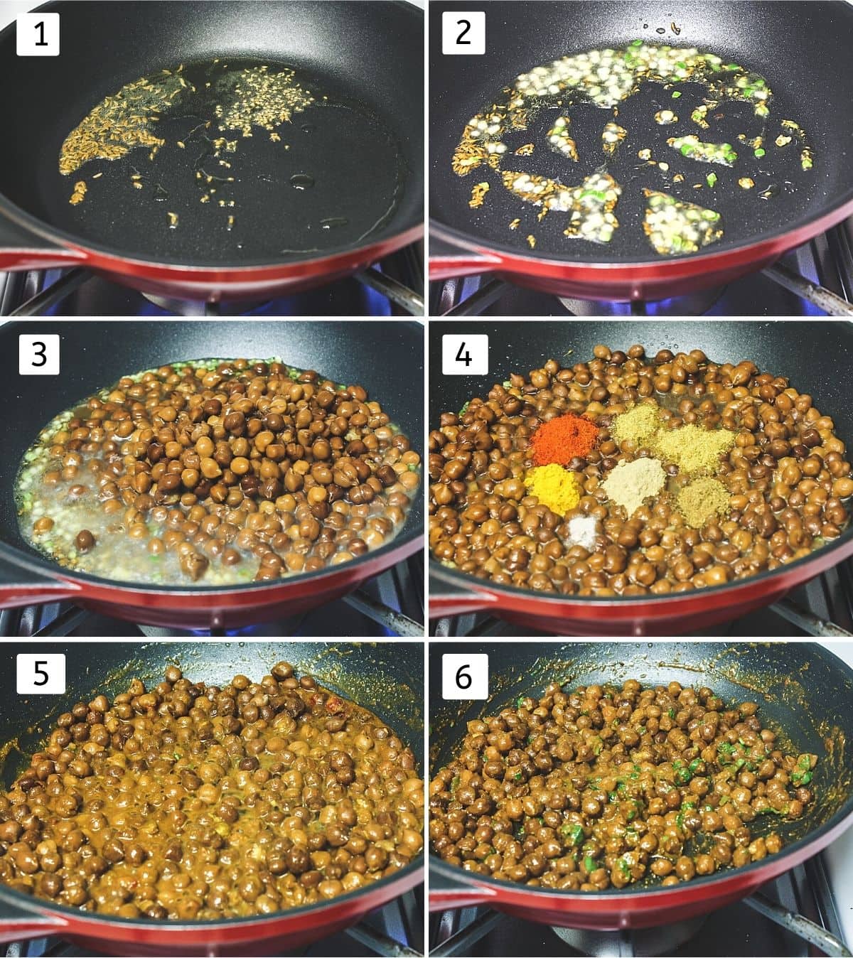 Collage of 6 steps showing cumin, ajwain in the oil, added ginger, green chili, added boiled chana, spices, simmer, add cilantro.