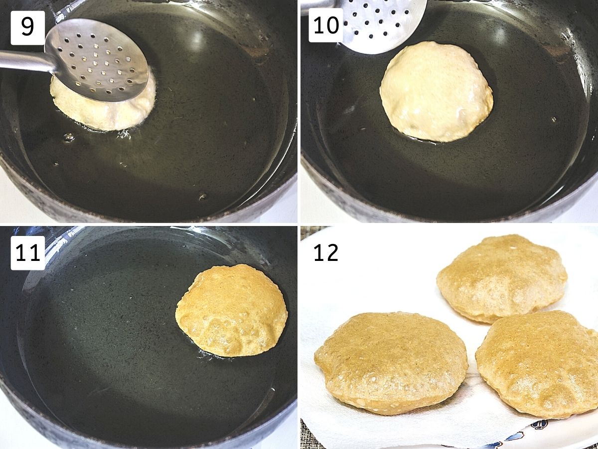 Collage of 4 steps showing pressing puri with spatula, puffed puri, flipped, removed on the plate.