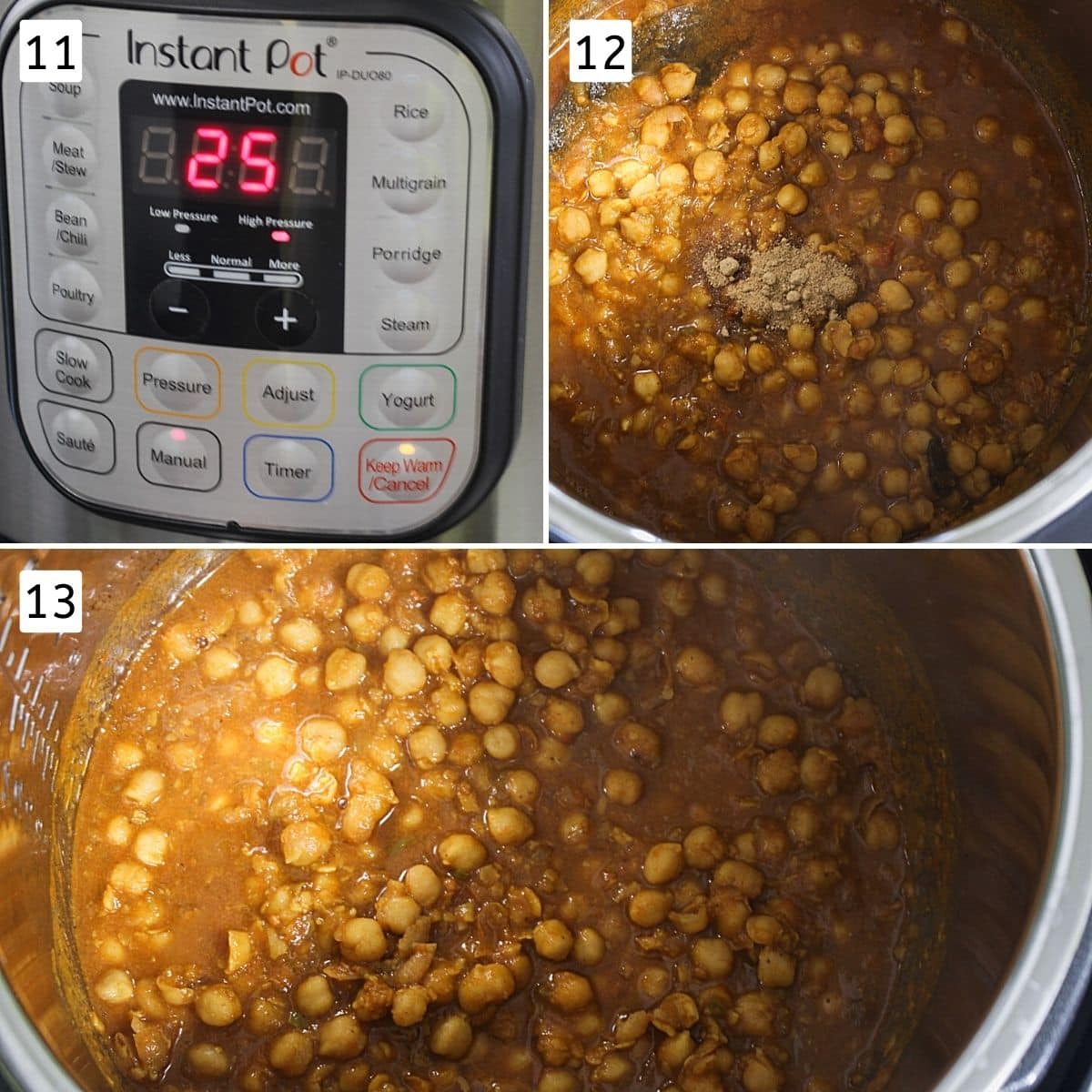 Collage of 3 steps showing Instant pot timer, adding amchur, cooked chole masala.