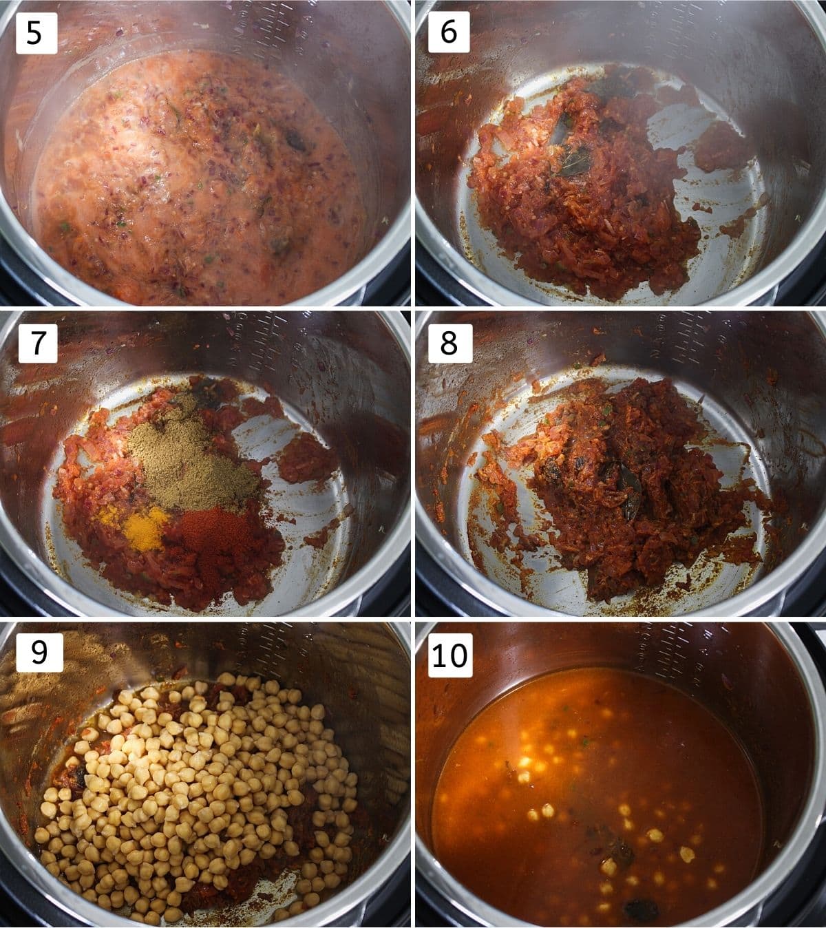 Collage of 6 steps showing adding tomato, cooked puree, adding spices, mixed, adding chickpeas and water.