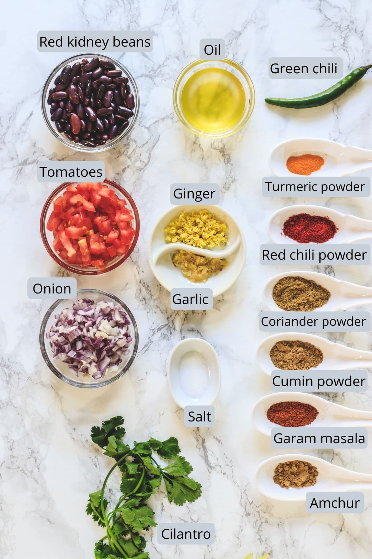 Ingredients used in instant pot rajma includes kidney beans, oil, onion, tomato, ginger, garlic, green chili, spices and cilantro.