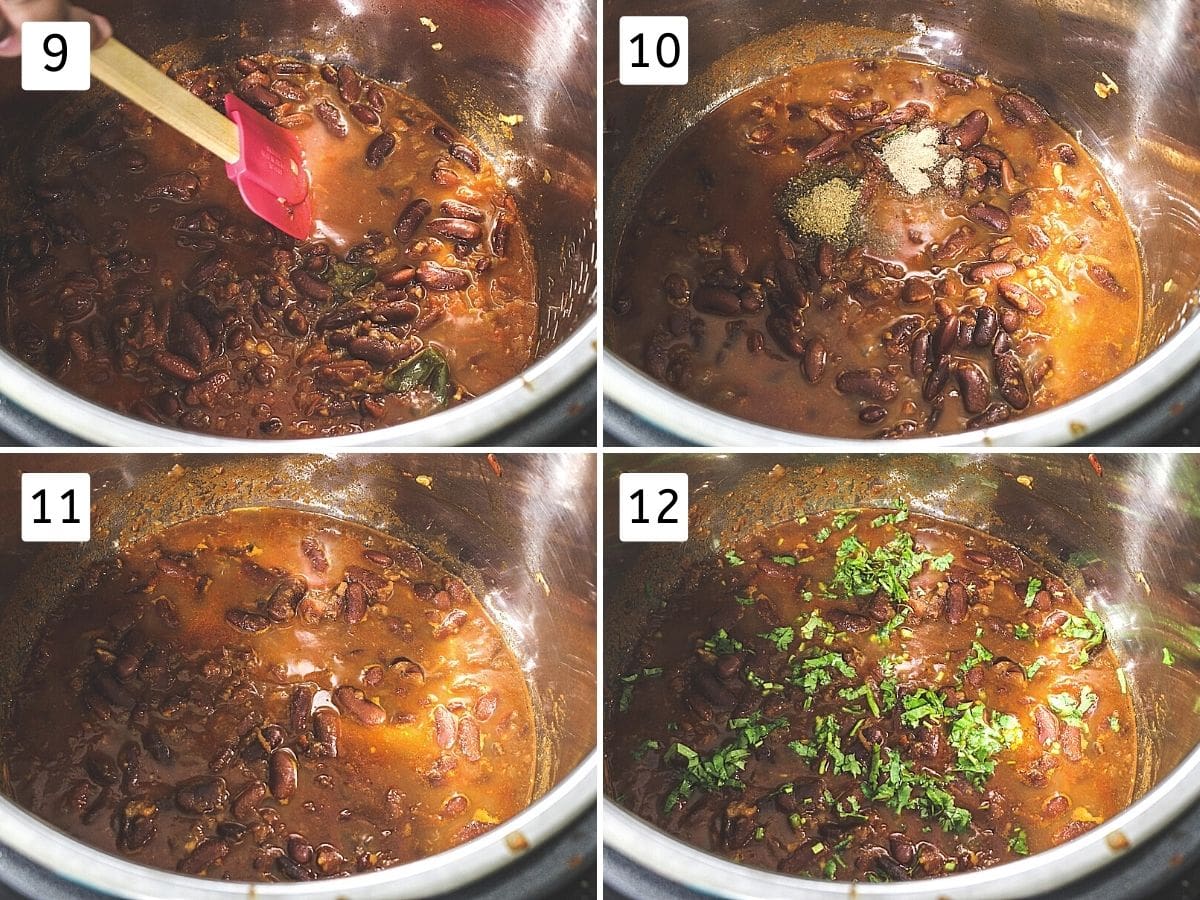 Collage of 4 steps showing mashing beans with spatula, adding garam masala & amchur, adding cilantro.