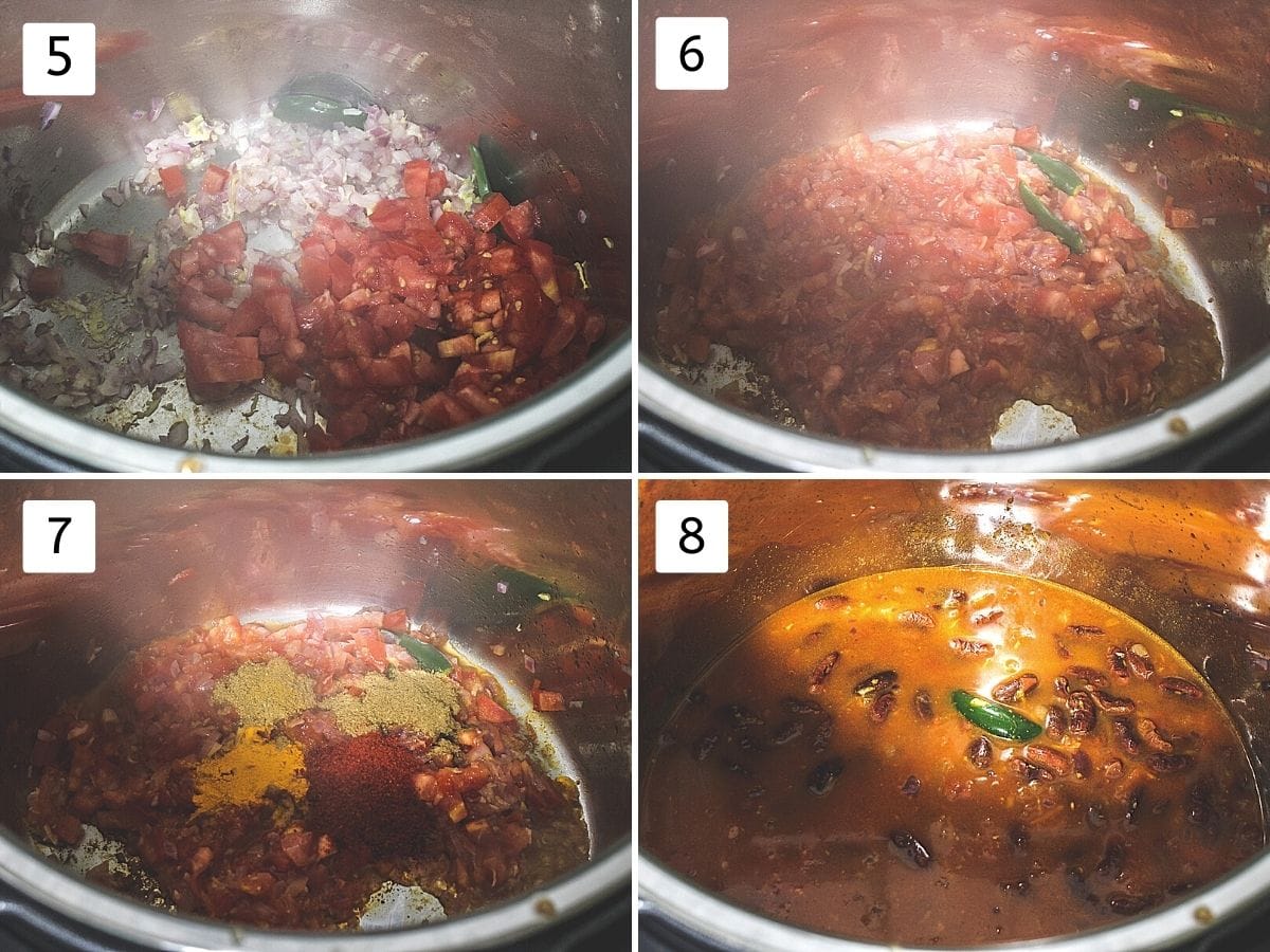 Collage of 4 steps showing adding tomato, cooked tomato, adding spice powders, adding soaked beans, water.