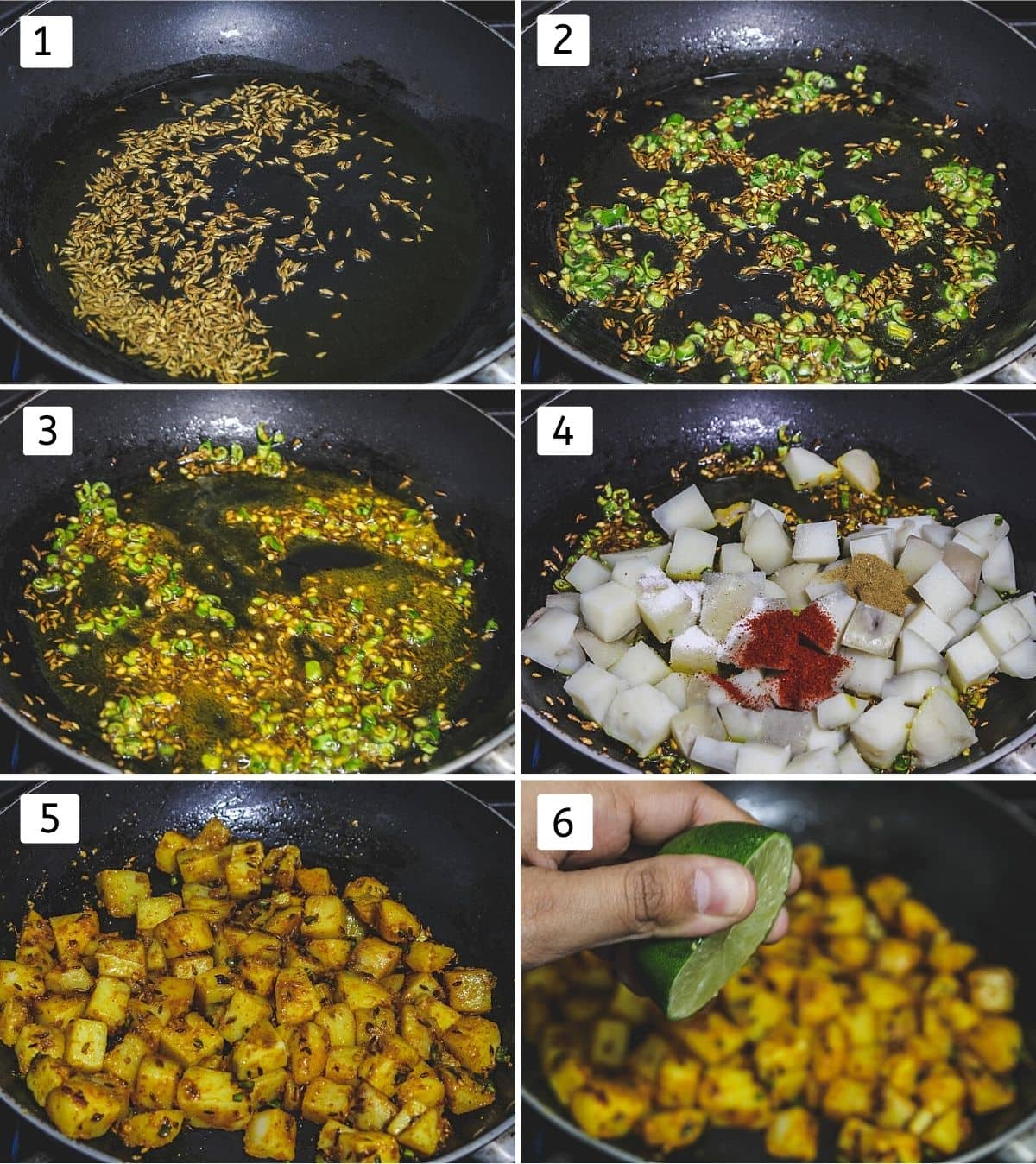 Collage of 6 steps showing cumin seeds in oil, adding ginger green chili, adding turmeric, potatoes, spices, mixed, adding lime juice.