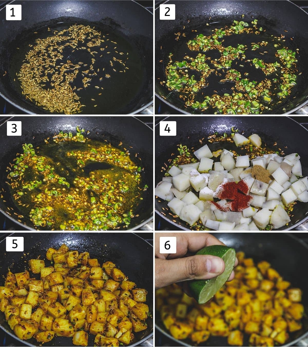 Collage of 6 steps showing cumin seeds in oil, adding ginger green chili, adding turmeric, potatoes, spices, mixed, adding lime juice.