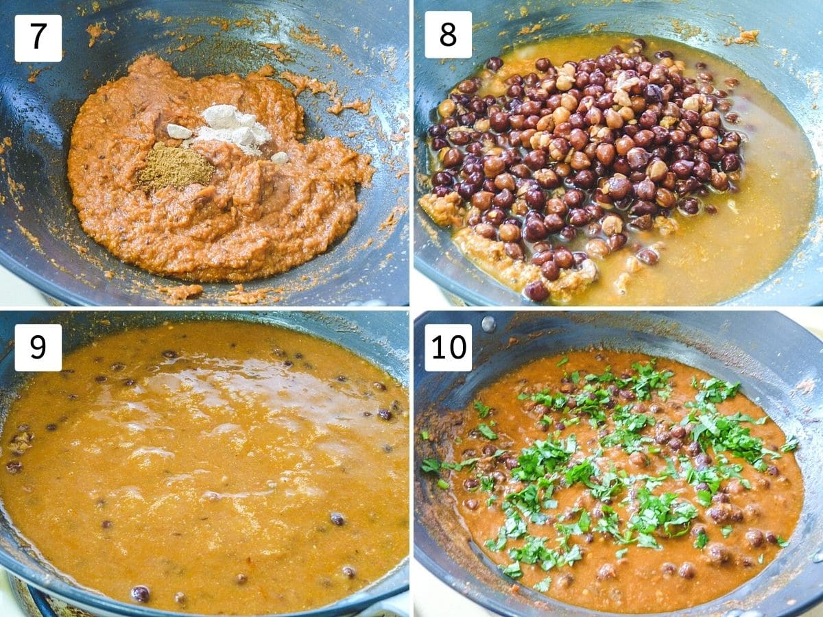 Collage of 4 steps showing adding garam masala, adding boiled chickpeas, simmering, garnishing with cilantro.