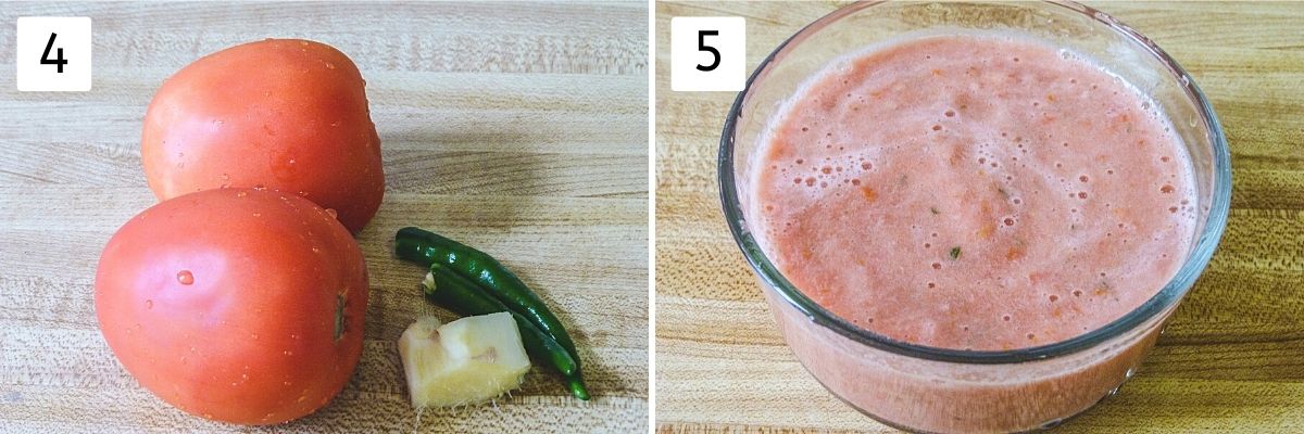 Collage of 2 steps showing tomatoes, ginger, chili in left image and puree in right image.