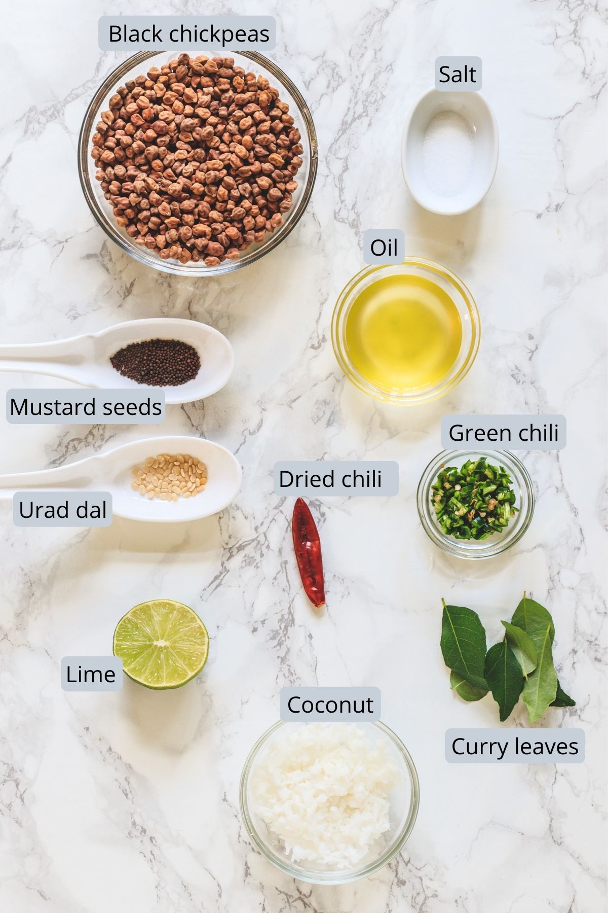 Ingredients used in kala chana sundal includes black chickpeas, coconut, oil, salt, curry leaves, chilies and spices.