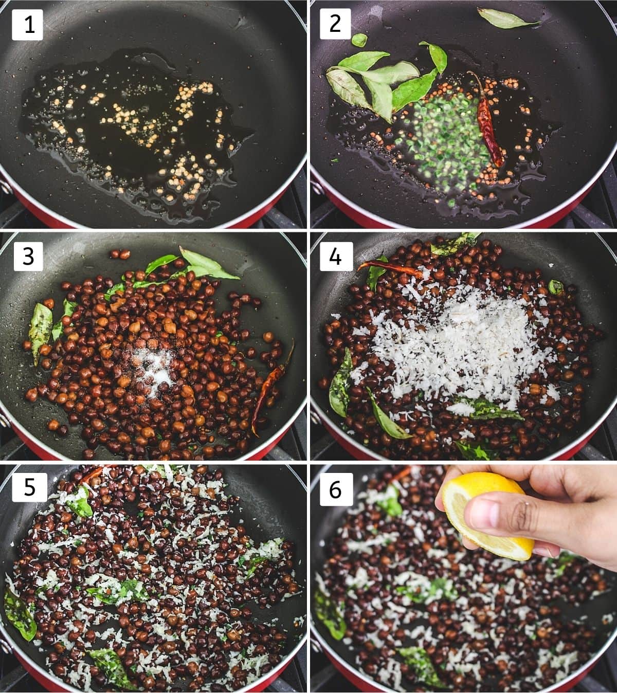 Collage of 6 steps showing tempering with mustard, add chilies, curry leaves, add boiled chana, coconut, mix, squeeze lemon.