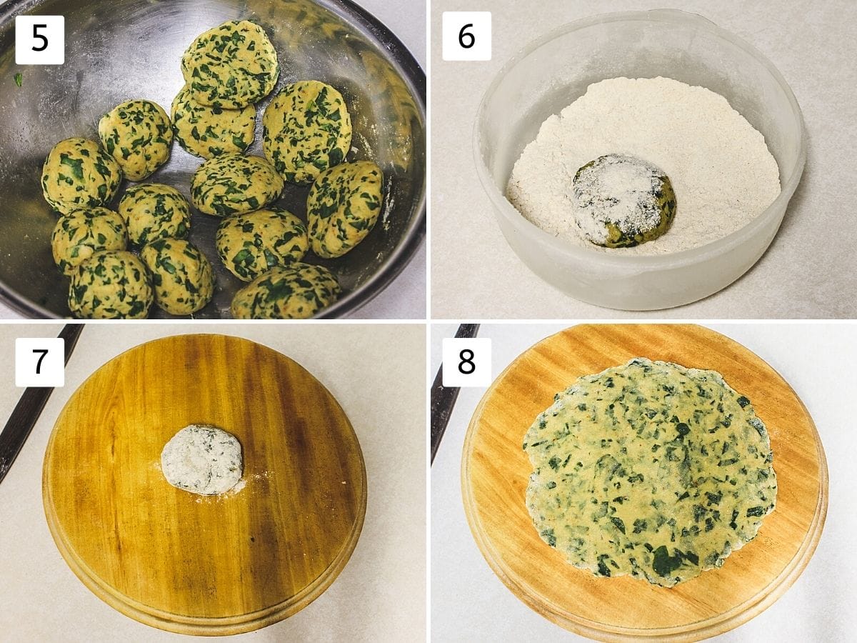 Collage of 4 steps showing dough balls, dusting with flour, on a rolling board, rolled paratha.