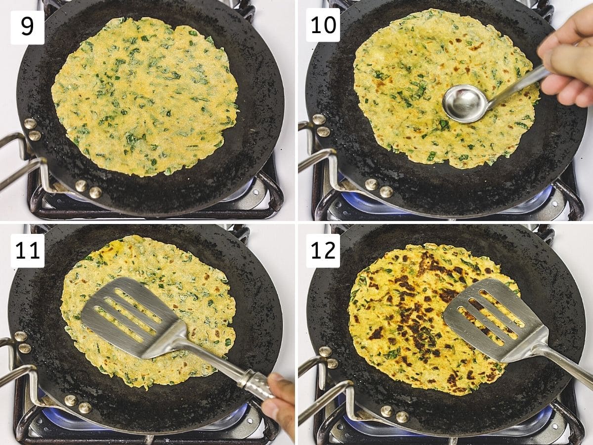 Collage of 4 steps showing paratha on tawa, applying oil, cooking by pressing, flipped and cooked.