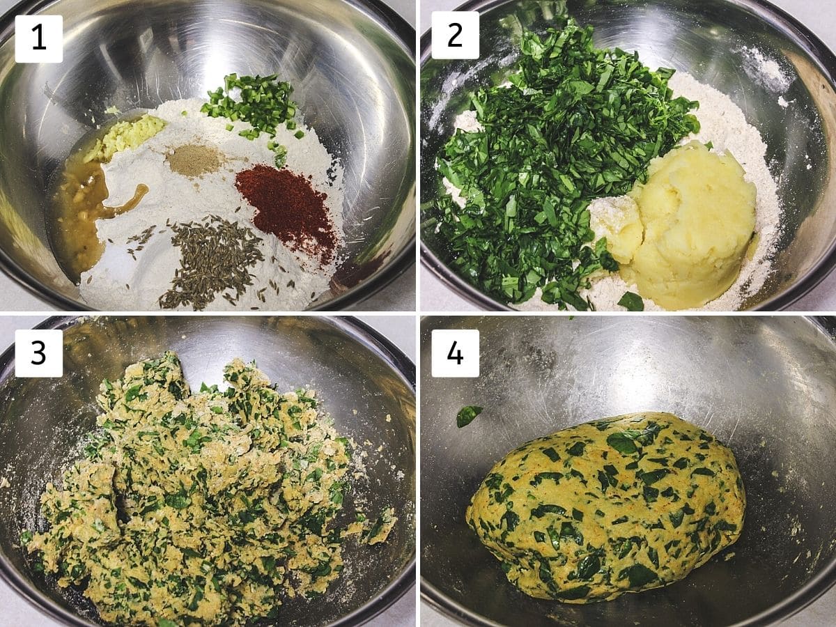 Collage of 4 steps showing flour, spices in a bowl, adding potato, methi, mixing and ready dough.