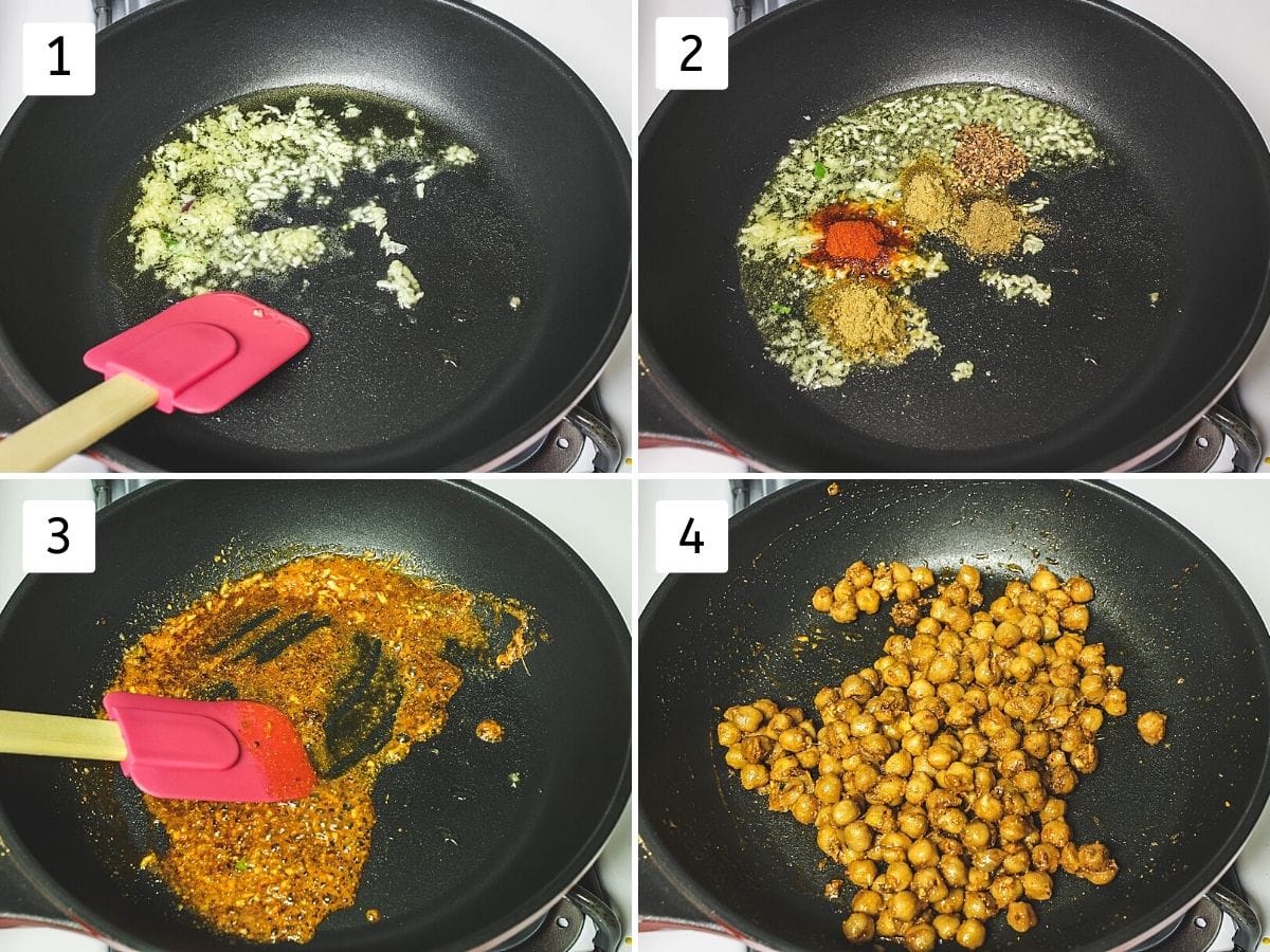 Collage of 4 steps showing ginger-garlic in oil, add spice powders, mixed, added chana and mixed.