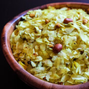 Close up of thin poha chivda in a bowl