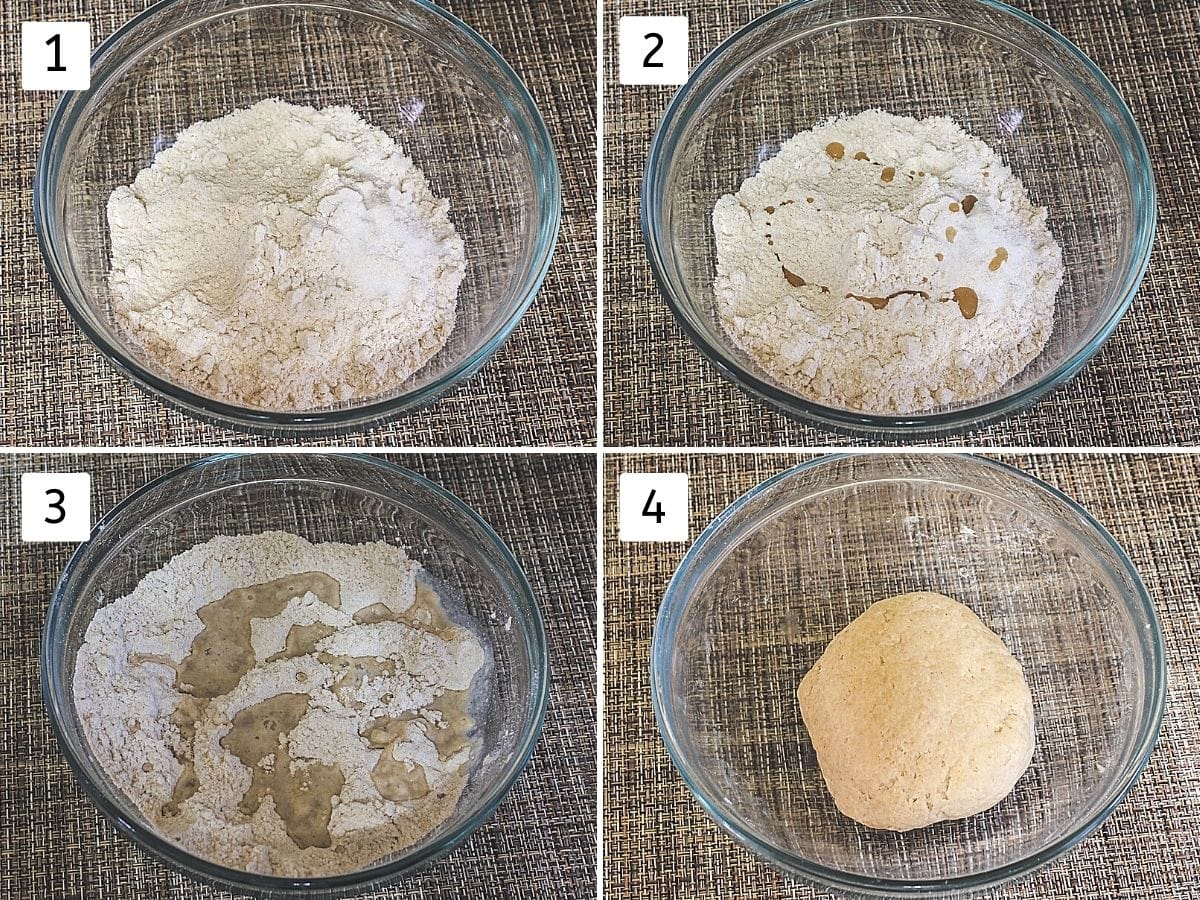 Collage of 4 steps showing flour in a bowl, adding oil, adding water, kneaded dough.