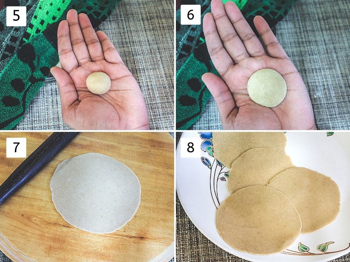Collage of 4 steps showing small dough ball on palm, flattened disc, rolled puri, on the plate.