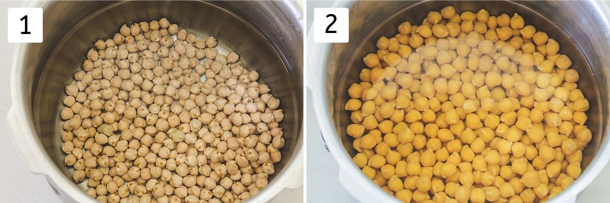 Collage of 2 steps showing dry chickpeas in the water and soaked chickpeas.