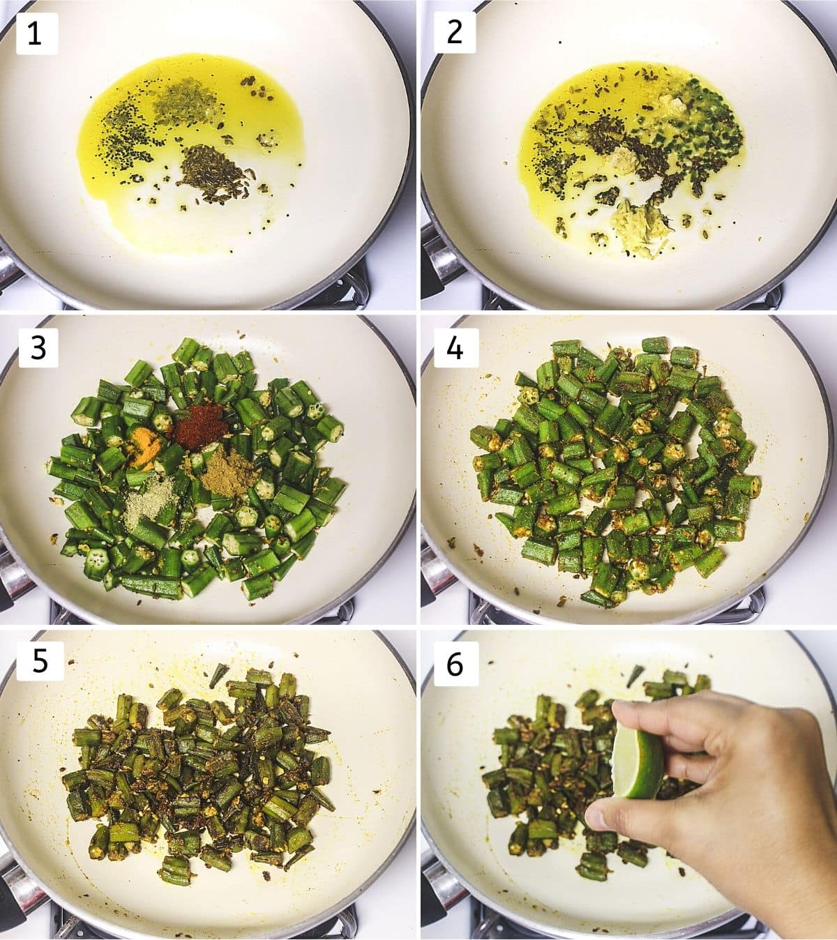 Collage of 6 steps showing tempering spices, adding ginger, garlic, adding okra and spice powders, mixing, cooked, squeezing lime.