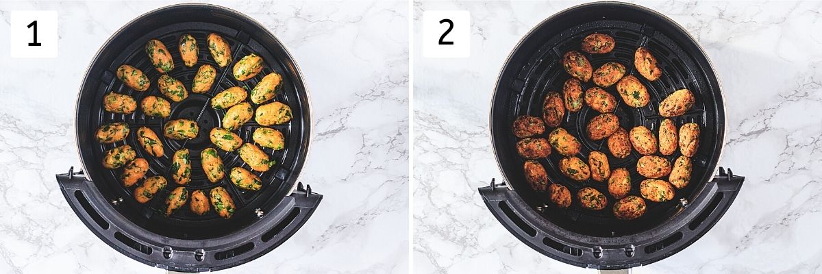 Collage of 2 steps showing shaped muthia in air fryer container and cooked muthia.