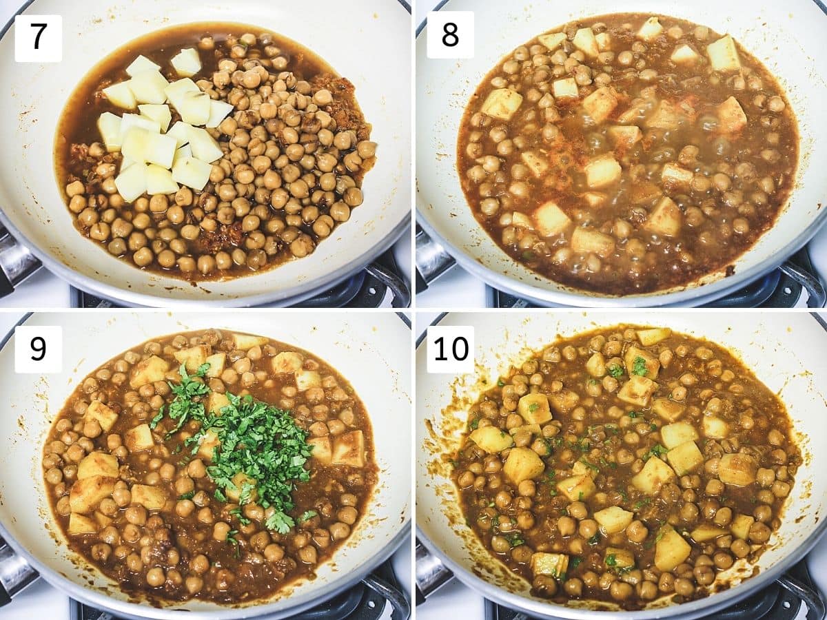 Collage of 4 steps showing adding potato, chickpeas, simmering, adding cilantro, ready curry.