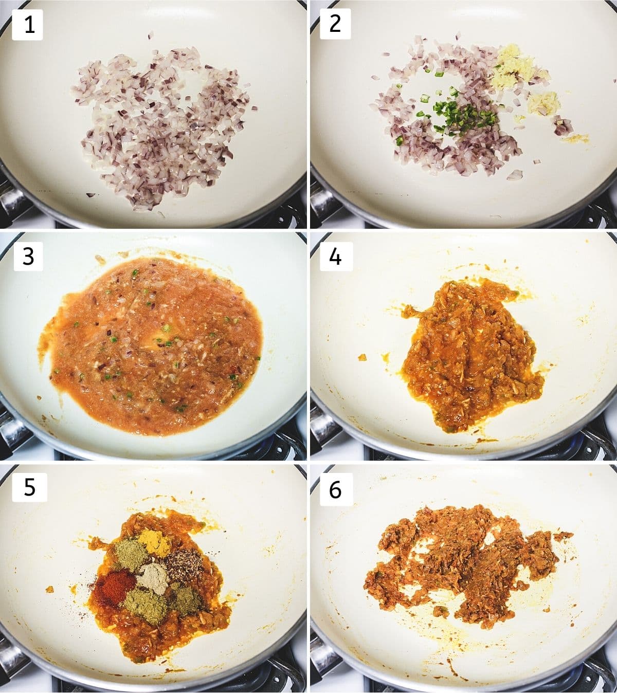 Collage of 6 steps showing adding onion, cooking, adding tomato puree, cooked, adding spices, mixed.