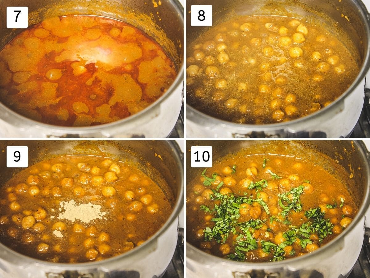 collage of 4 steps showing cooked chole, mixed, adding amchur, adding cilantro.