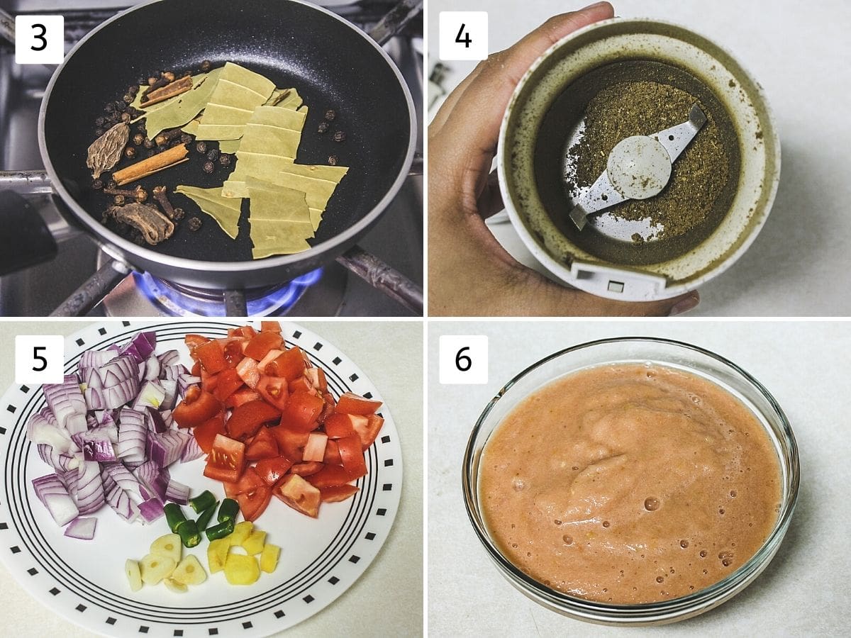 Collage of 4 steps showing roasting spices, ground into powder, chopped veggies and ground paste.