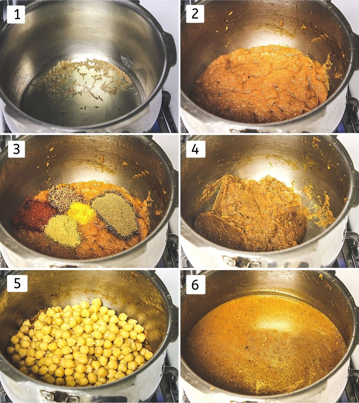 Collage of 6 steps showing cumin in oil, paste added, spices added, mixed, chickpeas added, water added.