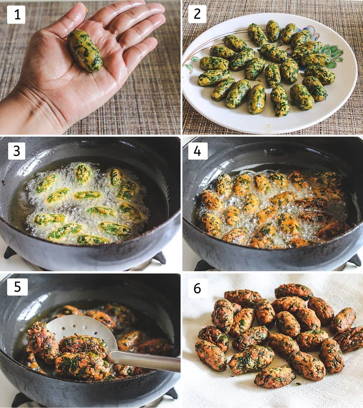 Collage of 6 steps showing shaping muthia, arranged in a plate, added into oil, frying, removing, fried ones in a plate.