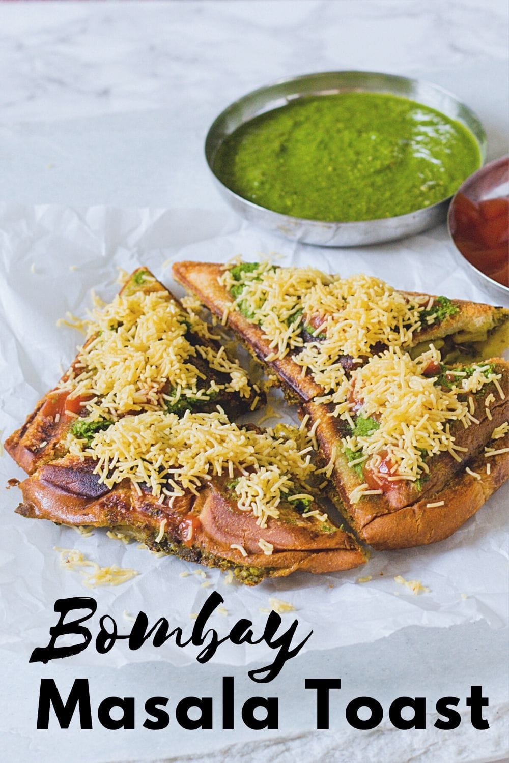 Masala toast sandwich with chutney and ketchup with text on the image for pinterest.