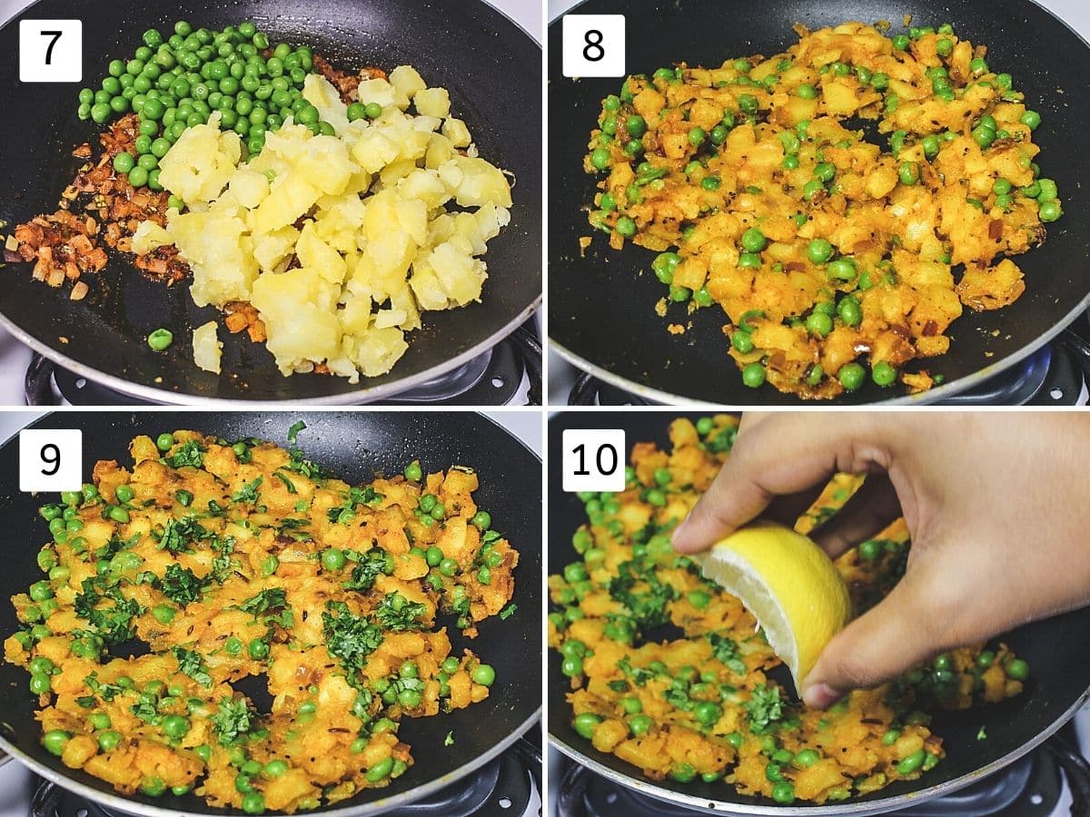 Collage of 4 steps showing adding boiled potato, peas, mixed, added cilantro and lemon juice.