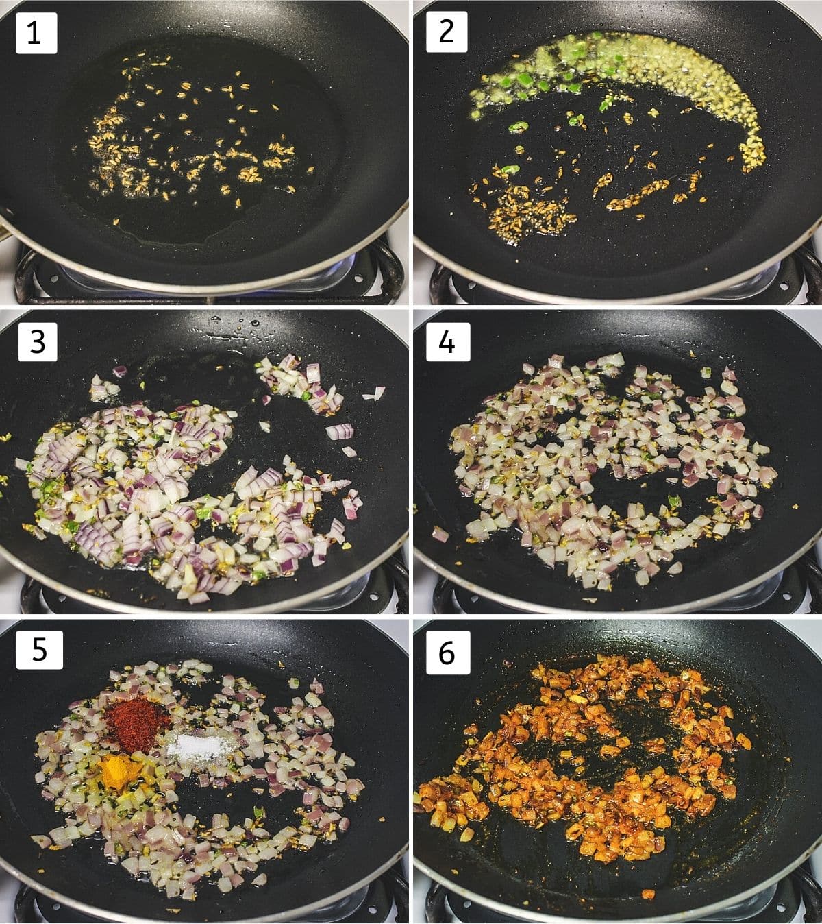 Collage of 6 steps showing mustard, cumin seeds in oil, ginger, chili added, onions added, cooked, adding spices, mixed.