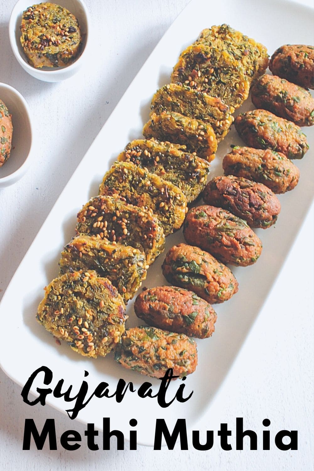 Steamed and fried methi muthia in a plate with text on the image for pinterest.