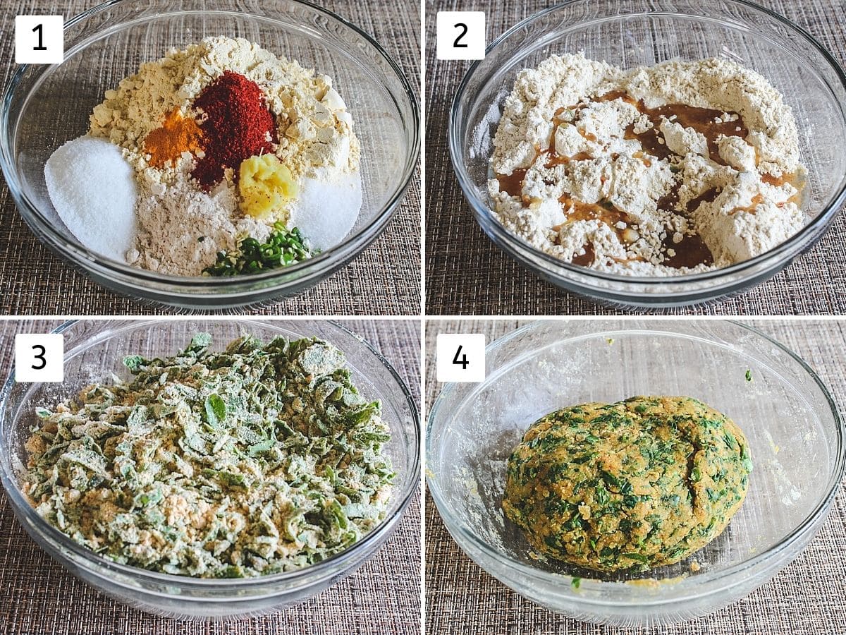 Collage of 4 steps showing dry ingredients in a bowl, adding oil, adding methi and ready dough.