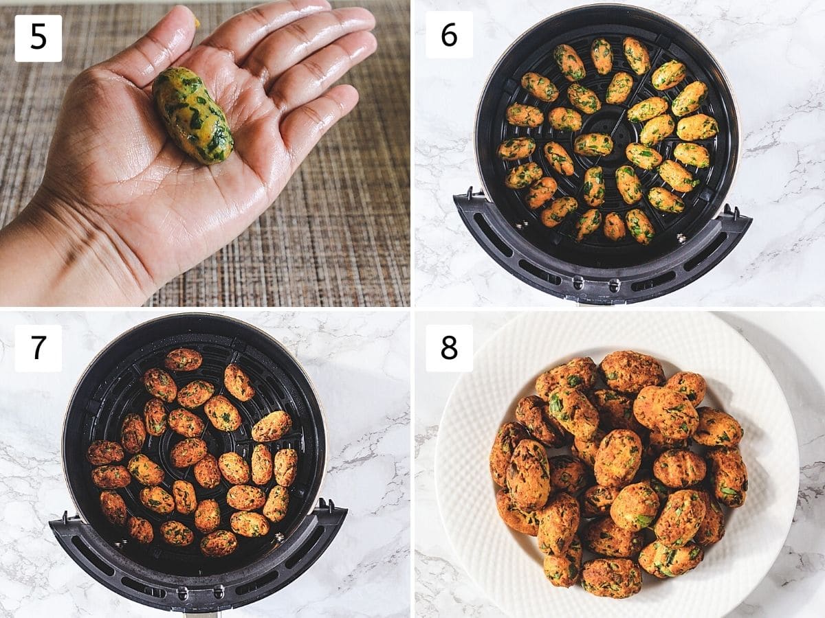 Collage of 4 steps showing shaping muthia, arranged in airfryer tray, cooked, removed to a plate.