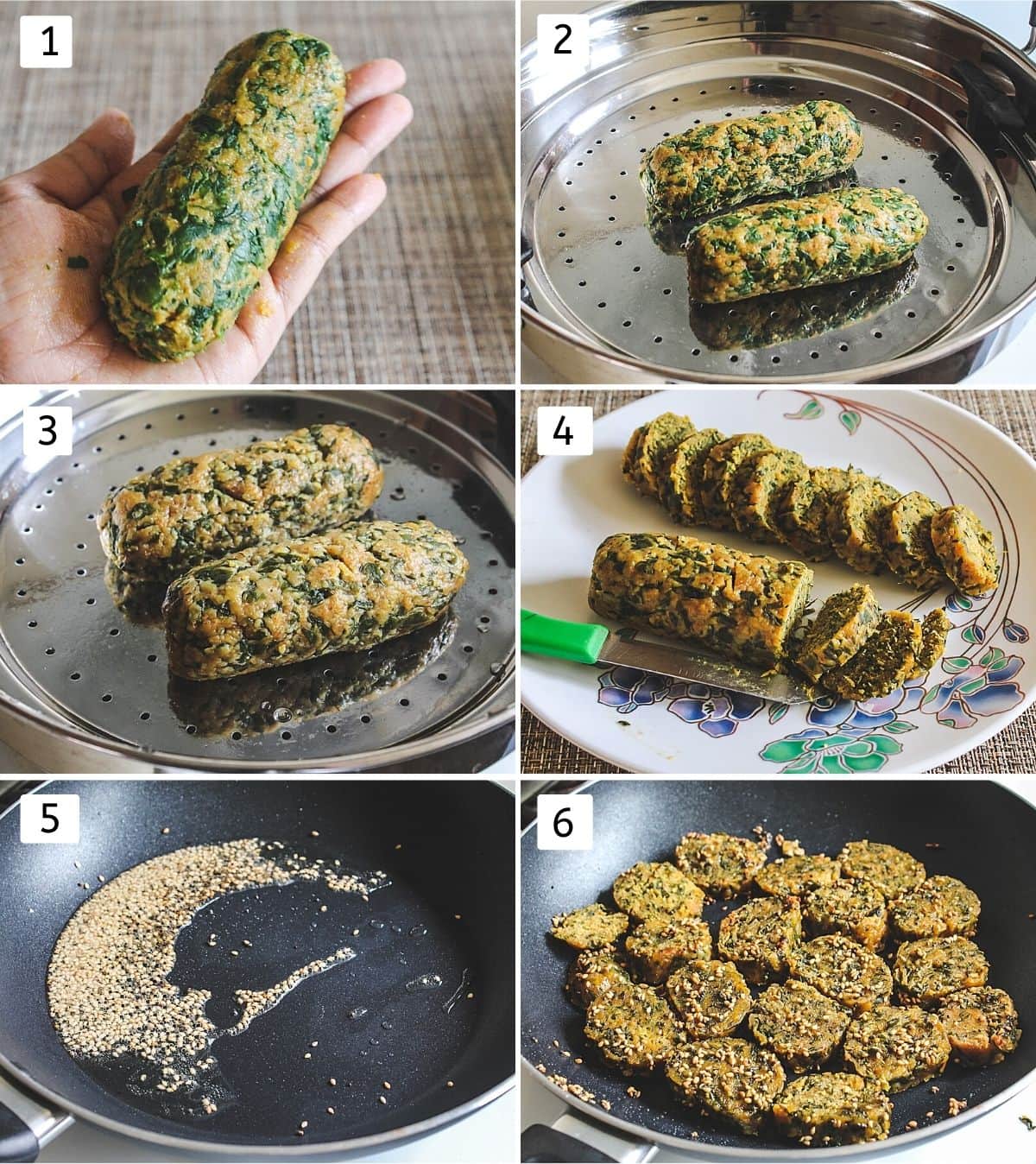 Collage of 6 steps showing shaping log, placing on steamer, steamed muthia, slicing, tempering in a pan, sautéing muthia.