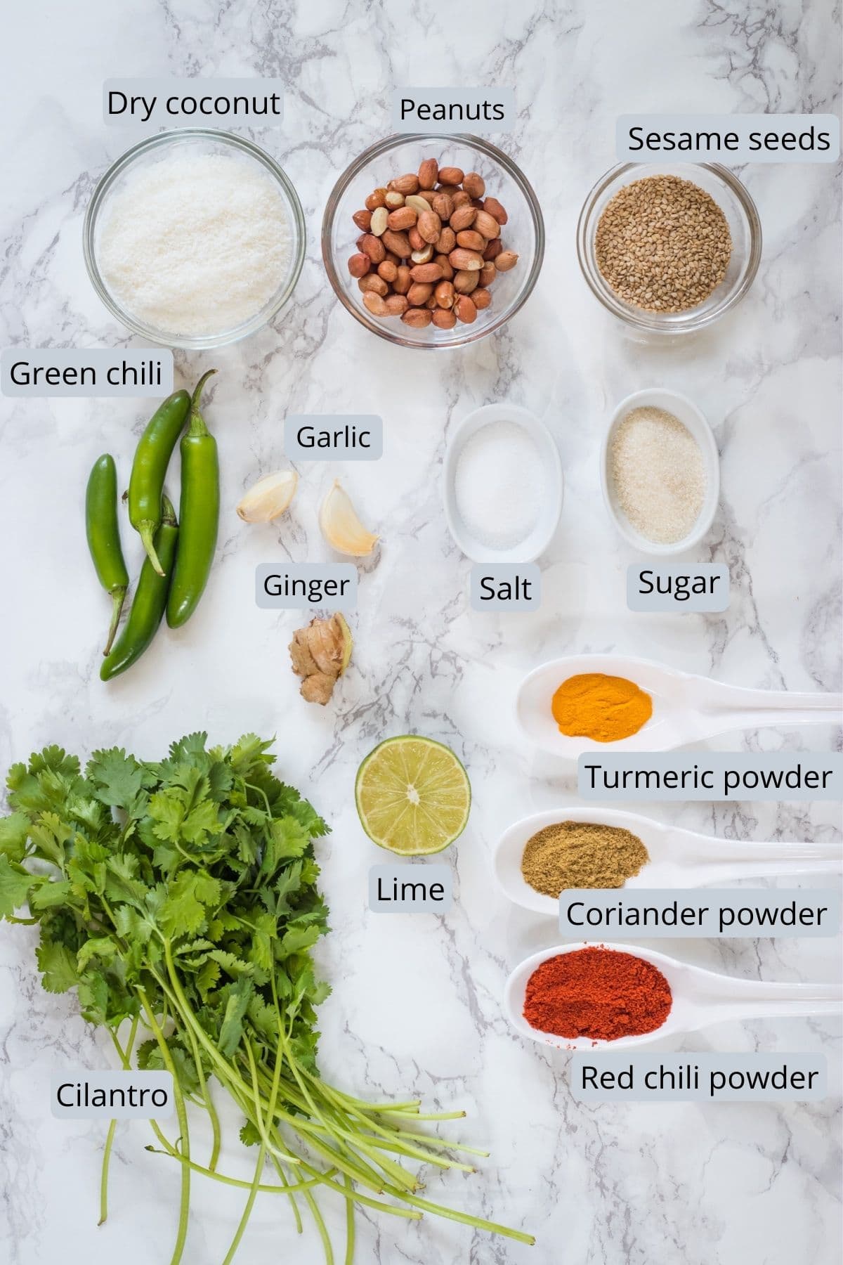 Ingredients used in green masala includes coconut, peanuts, sesame, chilies, ginger, garlic, cilantro, salt, sugar and spices.