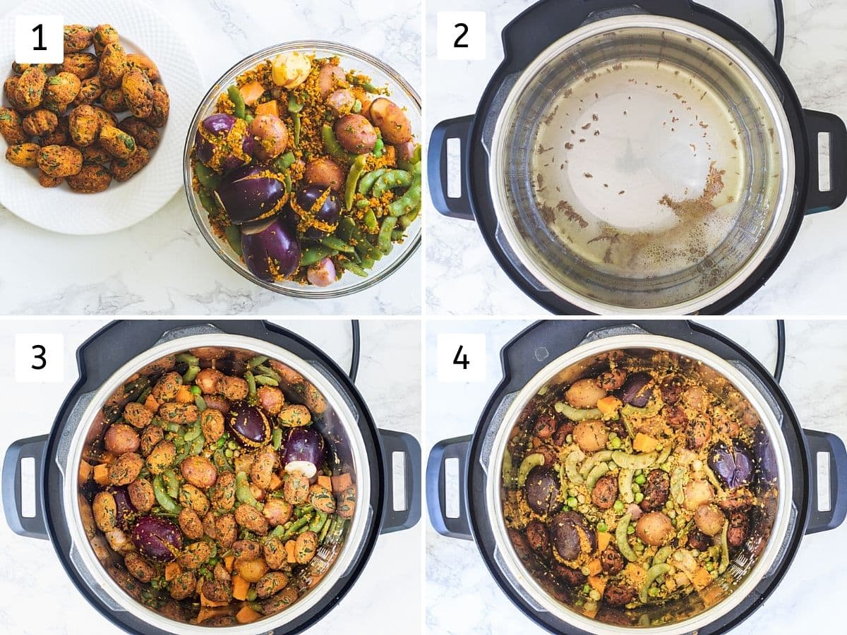 Collage of 4 steps showing veggies and muthia, tempering in instant pot, adding veggies, cooked undhiyu.