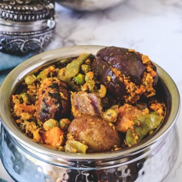 Undhiyu served in a bowl.