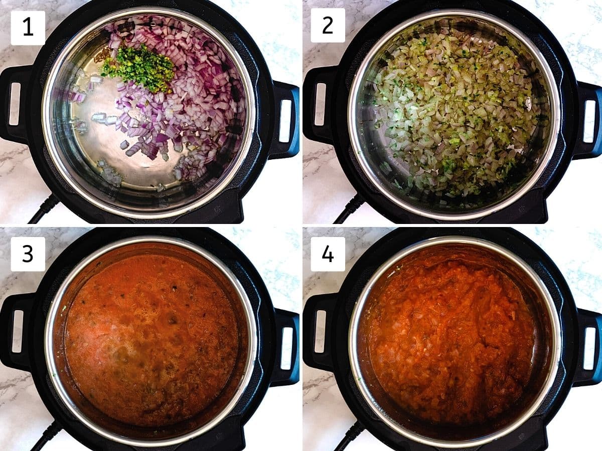 Collage of 4 steps showing cooking onion, adding tomato puree and simmering.