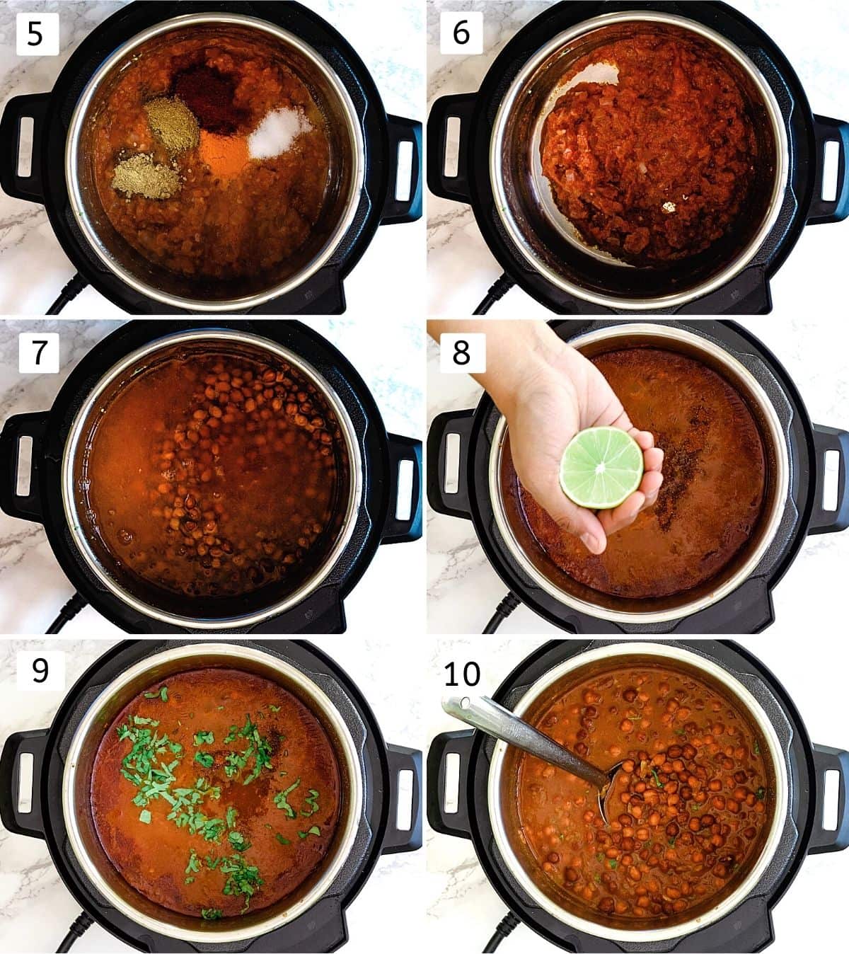 Collage of 6 steps showing adding spices, mixed, adding soaked chana, water, adding lime juice, cilantro and ready chana.