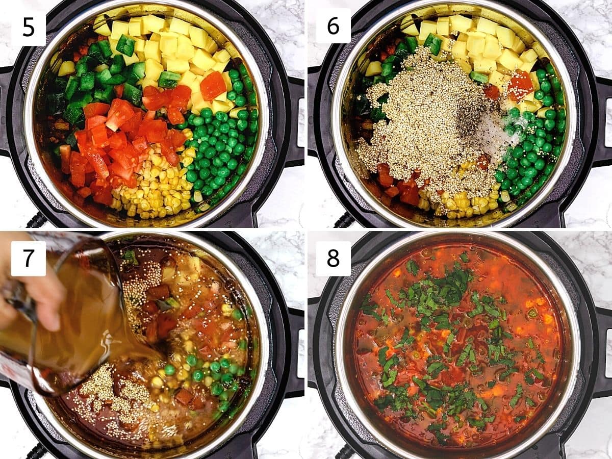 Collage of 4 steps showing adding veggies, quinoa, vegetable stock, and cooked soup.