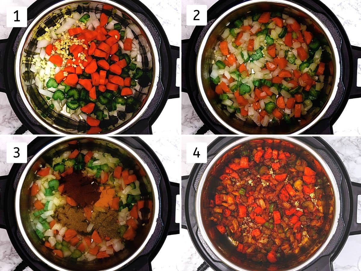 Collage of 4 steps showing cooking onion, celery, carrot, adding and mixing spices.