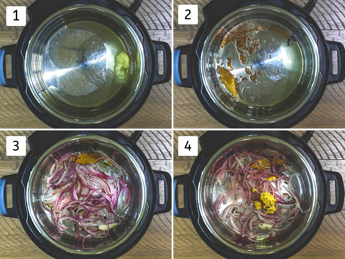 Collage of 4 steps showing tempering spices, cooking onion, ginger, garlic in instant pot.