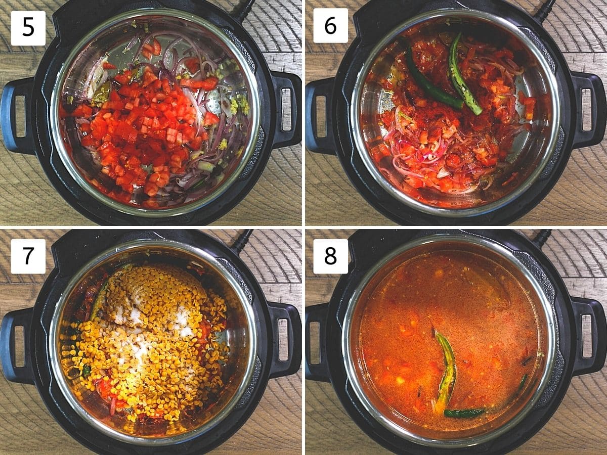 Collage of 4 steps showing cooking tomato, adding spices, toor dal and water in instant pot.