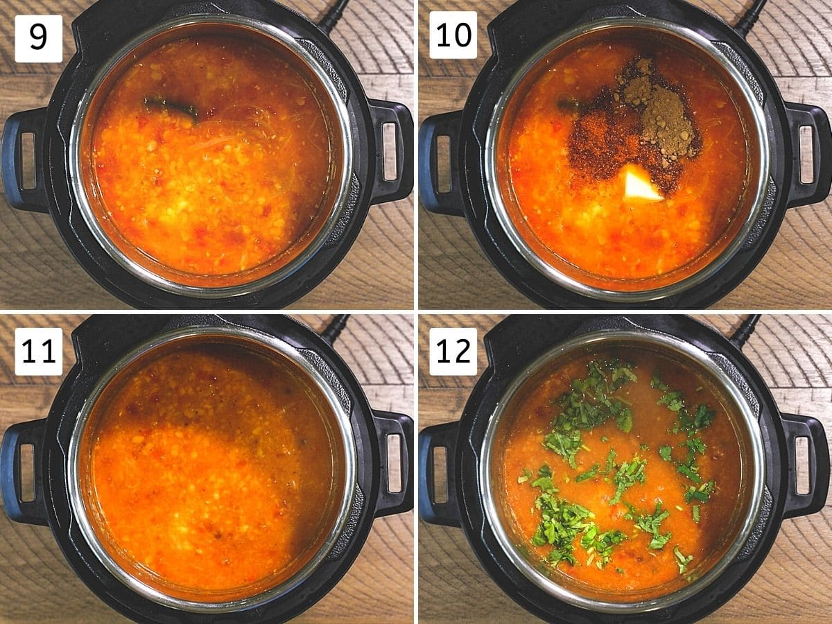 Collage of 4 steps showing cooked dal, adding amchur, butter, garam masala and cilantro.