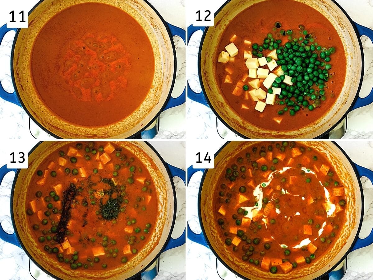 Collage of 4 steps showing simmering gravy, adding peas & paneer, adding garam masala & kasoori methi, adding cream.