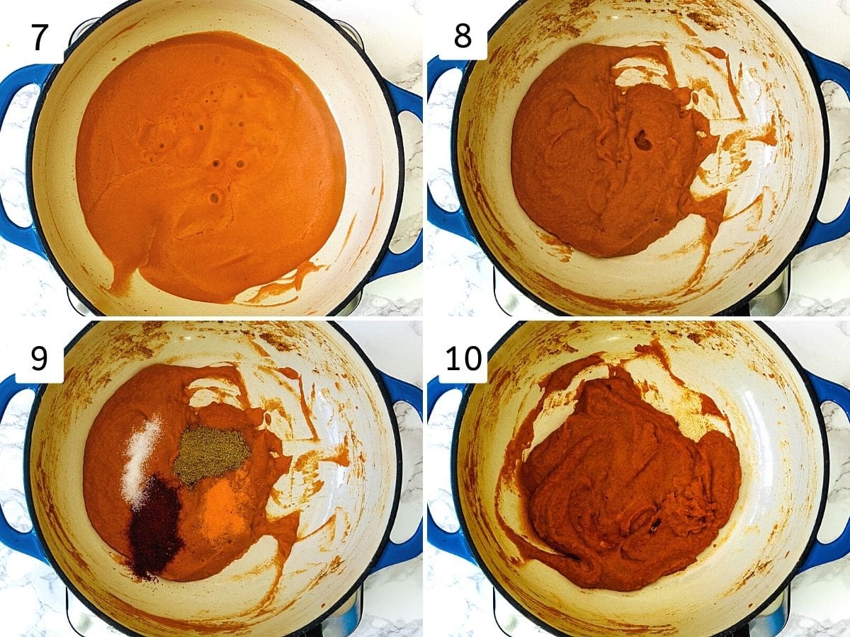 Collage of 4 steps showing cooking gravy, adding spices and mixing.